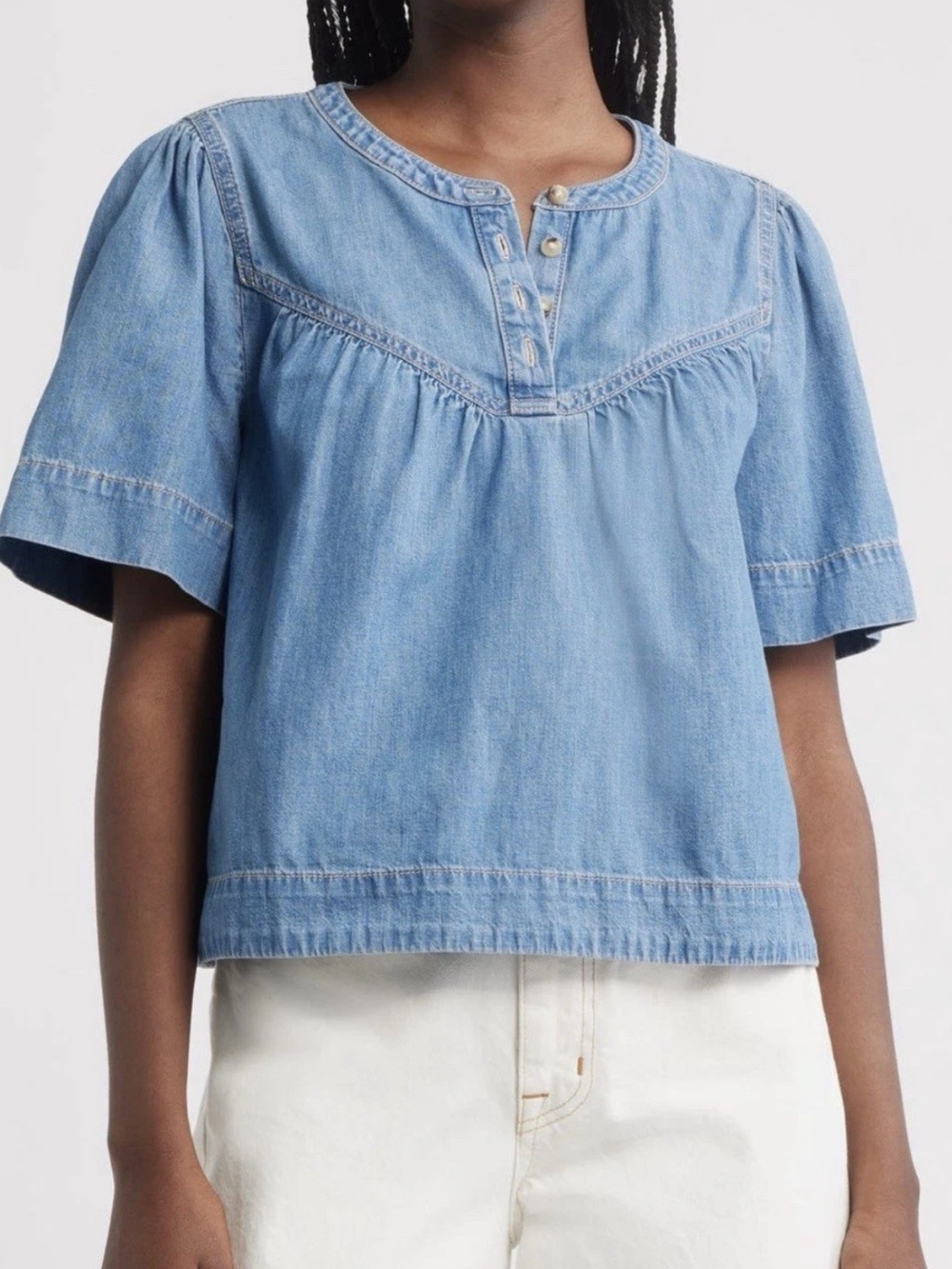 Treasure & Bond Women's XXS Blue Chambray Cotton Crew Neck Button Blouse NWT